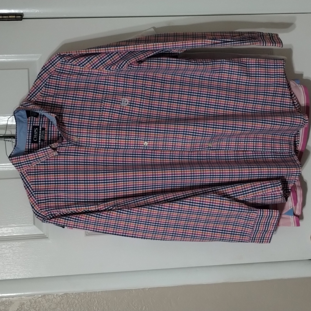 Chaps XL long sleeve button down plaid shirt red white and blue